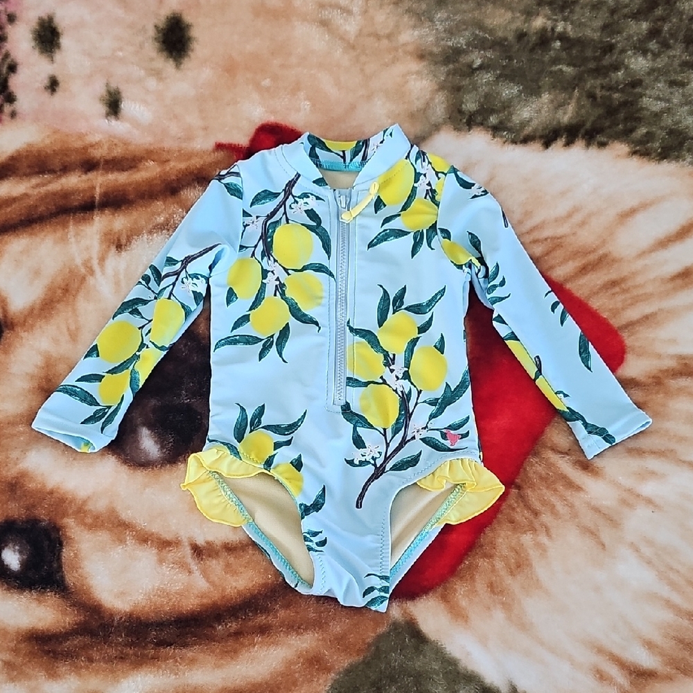 NWOT Pink Chicken Girls' Lemon-Print One-Piece Swimsuit in Light Blue and Yellow